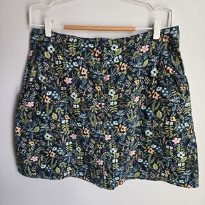 KAZAK MONTREAL Floral Print Cotton Skirt - Teal with Pastel Flowers
